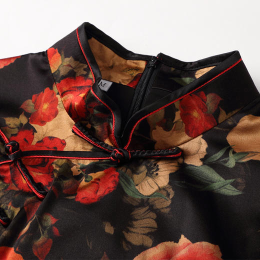 上海旗袍厂AYK-QF-210418真丝月季花旗袍早秋2021国风时尚修身长款短袖旗袍连衣裙 商品图3