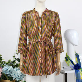 FOCALS福柯斯女装秋季新款圆领七分袖中长款印花衬衫FRGCN670YG