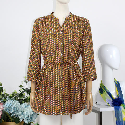 FOCALS福柯斯女装秋季新款圆领七分袖中长款印花衬衫FRGCN670YG 商品图0