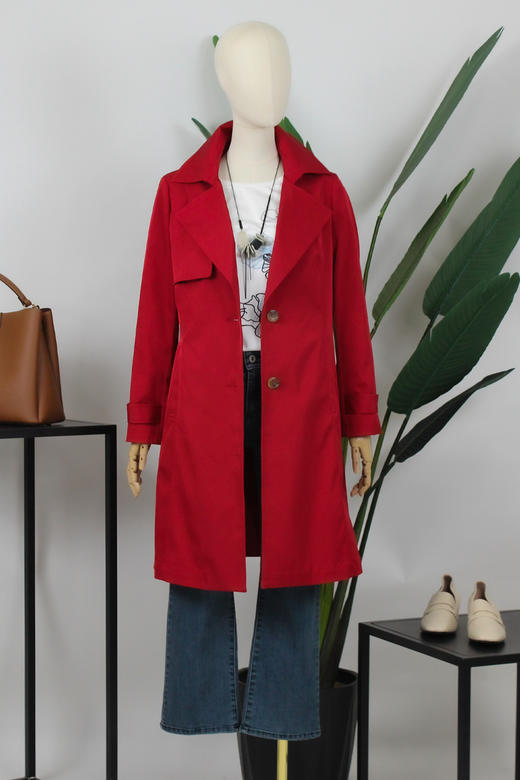 FOCALS福柯斯春秋新款长袖收腰单排扣中长款外套风衣FYJCF501R1 商品图5