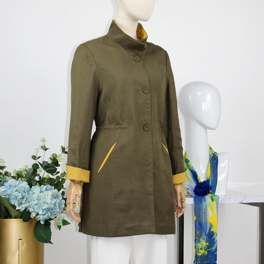 FOCALS福柯斯春秋新款休闲亚麻撞色拼接中长款外套风衣FYWAF086GY 商品图1