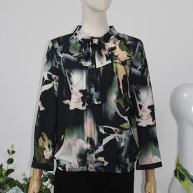 FOCALS福柯斯女装春秋新款直筒七分袖水墨印花套头衬衫F2YCN581GV