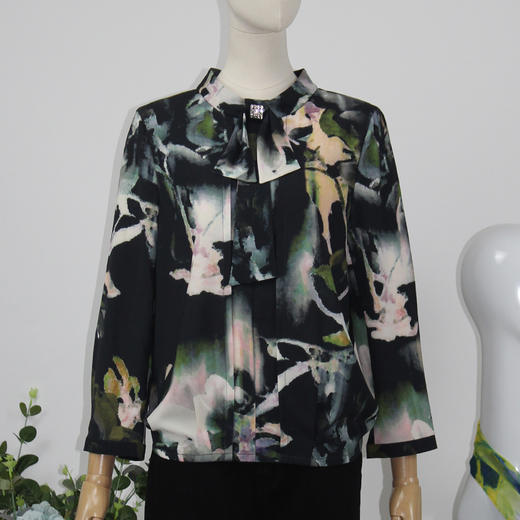 FOCALS福柯斯女装春秋新款直筒七分袖水墨印花套头衬衫F2YCN581GV 商品图0