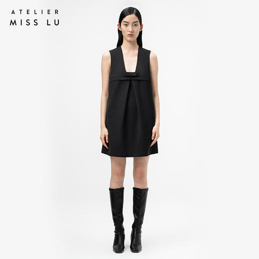 【一夜绮梦】叠褶设计黑色蝴蝶结长方领连衣裙/0000734 商品图0