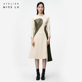 【乌木砂砾】砂岩驼趣味曲块撞色拼皮收腰连衣裙/0000731