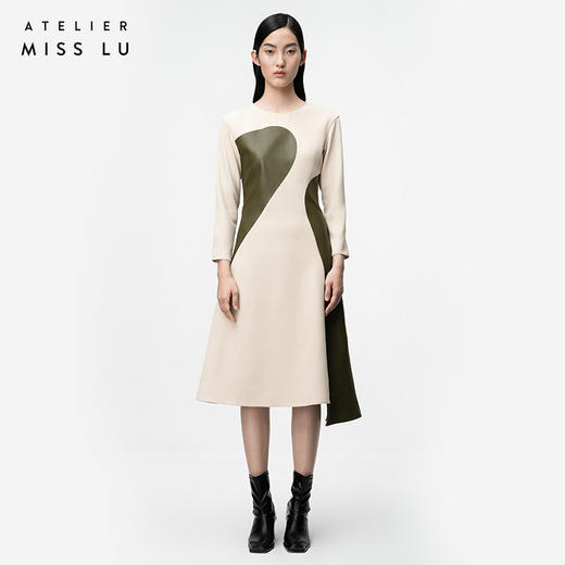 【乌木砂砾】砂岩驼趣味曲块撞色拼皮收腰连衣裙/0000731 商品图0