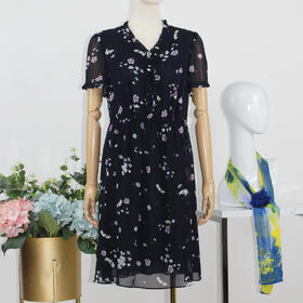 FOCALS福柯斯秋季桑蚕丝七分袖修身雪纺印花连衣裙FYJ2X123BZ