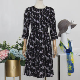 FOCALS福柯斯秋季七分袖修身圆领印花A摆连衣裙FRGCX583PV