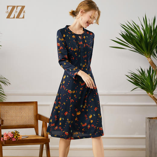 佐尔美2021年秋季新款 荷叶领气质百搭修身碎花连衣裙E13LL25 商品图3