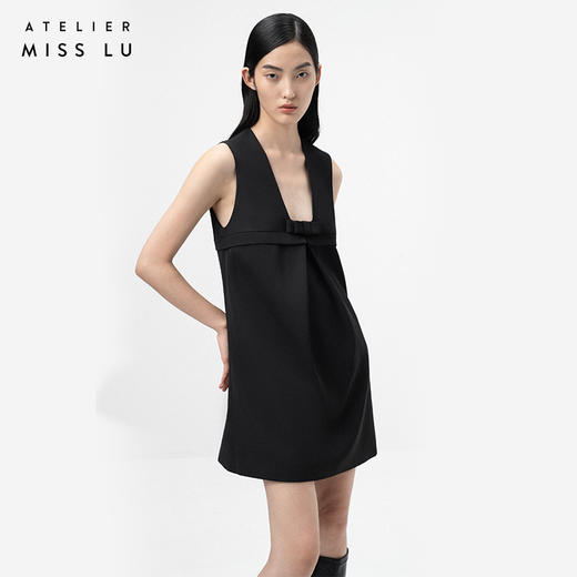 【一夜绮梦】叠褶设计黑色蝴蝶结长方领连衣裙/0000734 商品图1