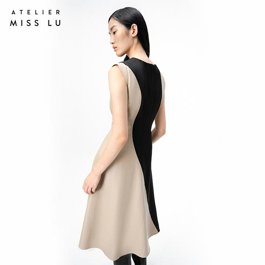 【夜空流砂】流畅曲线砂岩驼撞色拼皮收腰连衣裙/0000727A 商品图1