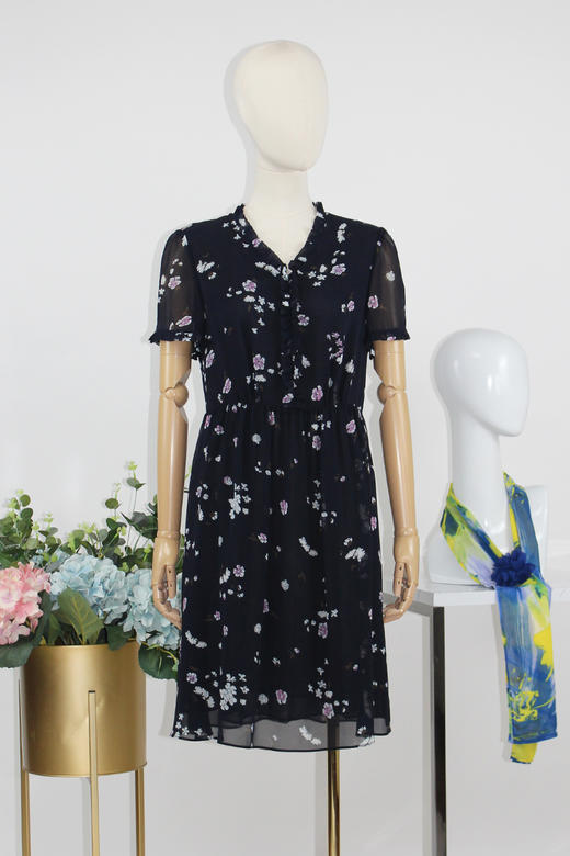 FOCALS福柯斯秋季桑蚕丝七分袖修身雪纺印花连衣裙FYJ2X123BZ 商品图4