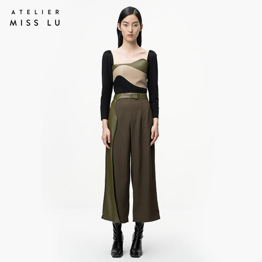 【苔藓】橄榄绿不规则曲线立裁拼皮高腰阔腿裤/000106 商品图0