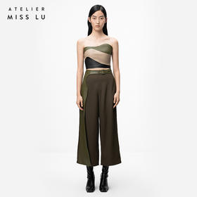 【黛博拉】橄榄绿不规则曲线撞色拼皮抹胸上衣/00200