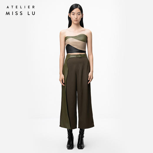 【黛博拉】橄榄绿不规则曲线撞色拼皮抹胸上衣/00200 商品图0