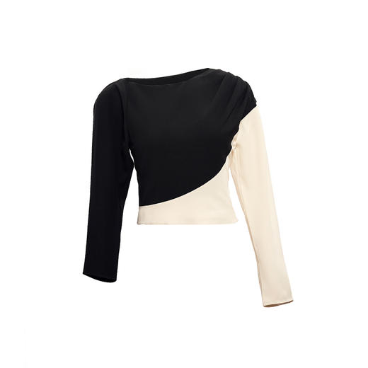 【落落优雅】肩部压褶黑白撞色拼接长袖上衣/00201A 商品图2