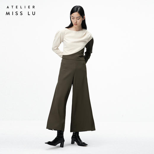 【细缝微光】苔绿拼缝撞色垂感高腰阔腿裤/000109 商品图1