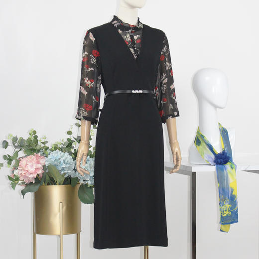 FOCALS福柯斯秋季假两件七分袖修身印花拼接连衣裙F2YAX123NV 商品图1