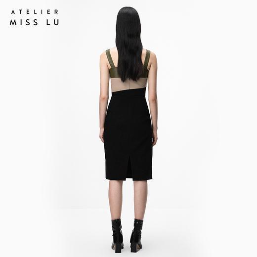 【阿佳妮】橄榄绿不规则曲线撞色拼皮吊带连衣裙/0000718 商品图3