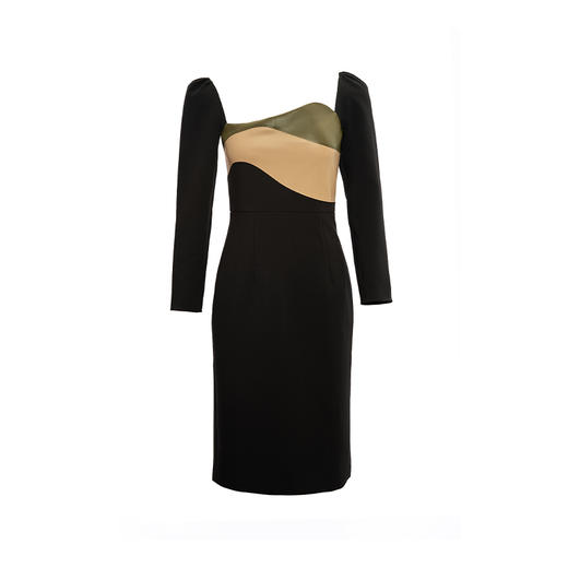 【午夜巴塞罗那】橄榄绿不规则曲线撞色拼皮长袖连衣裙/0000730 商品图4