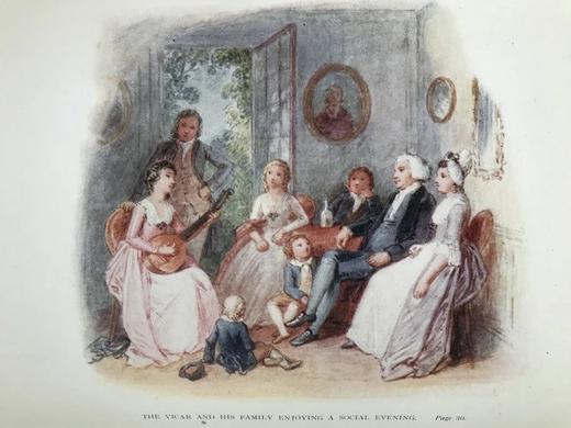 1927年 戈德史密斯《威克菲尔德牧师》 8幅彩色插图 漆布精装大32开 商品图6