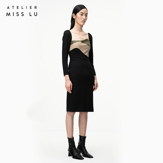 【午夜巴塞罗那】橄榄绿不规则曲线撞色拼皮长袖连衣裙/0000730 商品图1