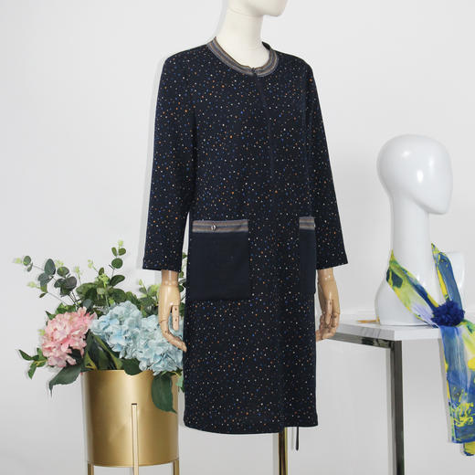 FOCALS福柯斯秋季提花针织拼接七分袖休闲圆领连衣裙F2YCX630BL 商品图1