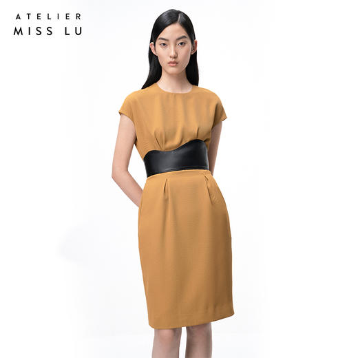 【日落金沙】轻褶设计暖沙黄高腰落肩茧形连衣裙/0000729A 商品图1