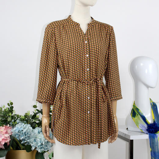 FOCALS福柯斯女装秋季新款圆领七分袖中长款印花衬衫FRGCN670YG 商品图1