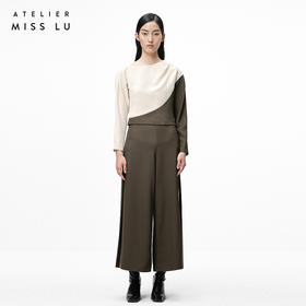 【细缝微光】苔绿拼缝撞色垂感高腰阔腿裤/000109