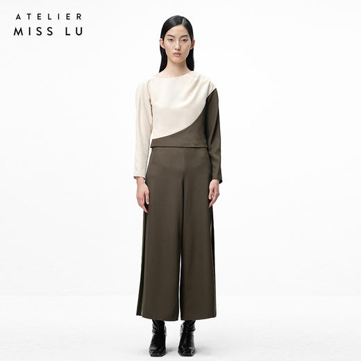 【细缝微光】苔绿拼缝撞色垂感高腰阔腿裤/000109 商品图0