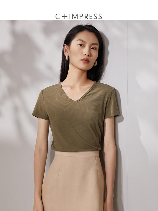 西嘉C+IMPRESS/西嘉桑蚕丝免烫 v领针织T法式修身t恤女夏2021新款T2102003 商品图1