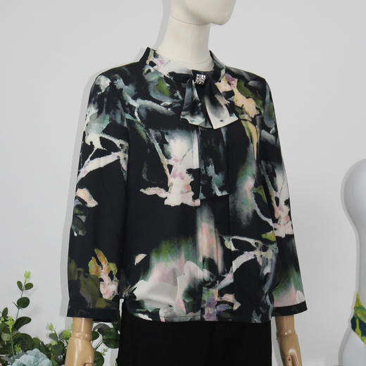 FOCALS福柯斯女装春秋新款直筒七分袖水墨印花套头衬衫F2YCN581GV 商品图1