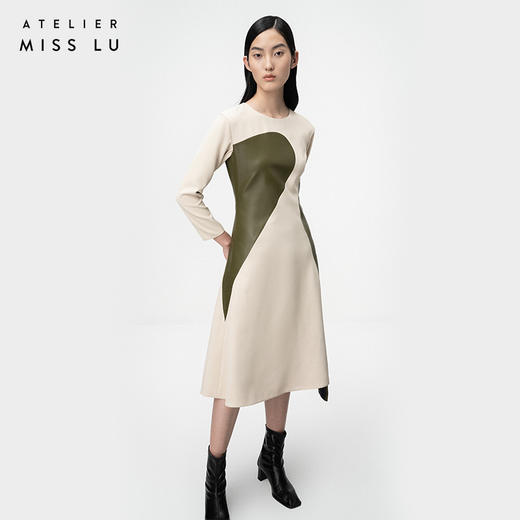 【乌木砂砾】砂岩驼趣味曲块撞色拼皮收腰连衣裙/0000731 商品图1