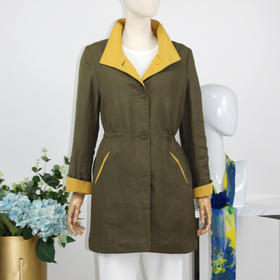 FOCALS福柯斯春秋新款休闲亚麻撞色拼接中长款外套风衣FYWAF086GY