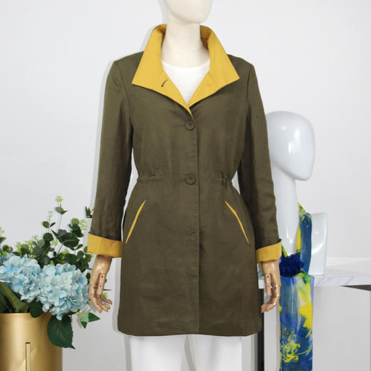 FOCALS福柯斯春秋新款休闲亚麻撞色拼接中长款外套风衣FYWAF086GY 商品图0