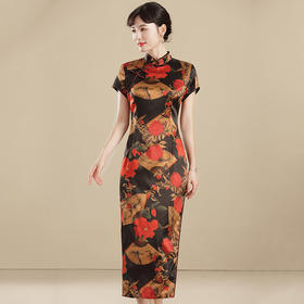 上海旗袍厂AYK-QF-2104188真丝扇子旗袍秋季2021国风时尚修身长款短袖旗袍连衣裙