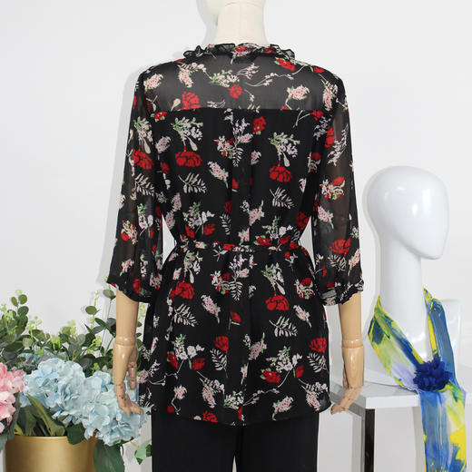 FOCALS福柯斯女装春秋款圆领套头七分袖雪纺印花衬衫F2Y2S136RV 商品图2