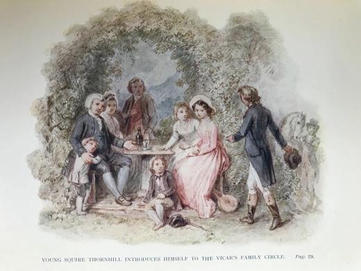 1927年 戈德史密斯《威克菲尔德牧师》 8幅彩色插图 漆布精装大32开 商品图10