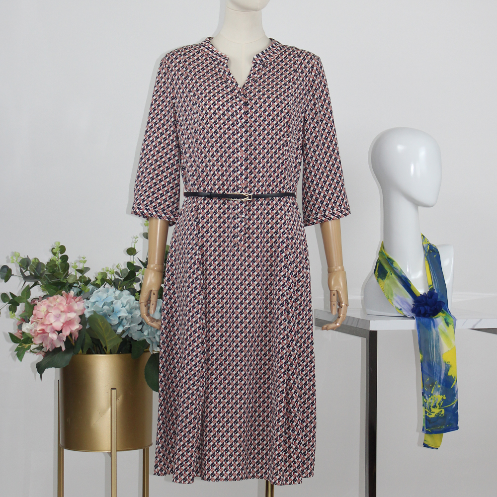 FOCALS福柯斯秋季桑蚕丝七分袖修身印花连衣裙FRG2X191PV