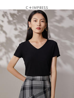 西嘉C+IMPRESS/西嘉桑蚕丝免烫 v领针织T法式修身t恤女夏2021新款T2102003