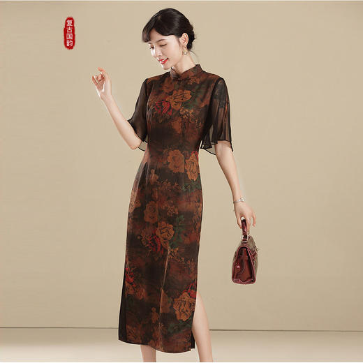 上海旗袍厂AYK-QF-210410香云纱牡丹改良旗袍早秋2021国风时尚修身长款拼接短袖旗袍连衣裙 商品图1