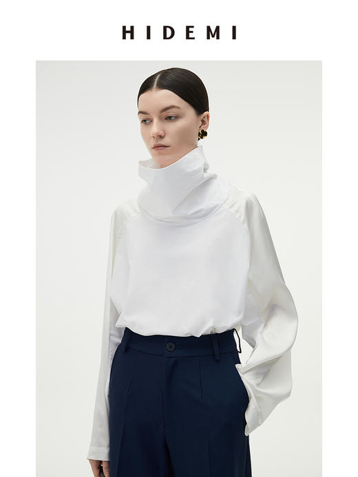 HIDEMI 醋酸缎拼接立领简约上衣 黑色/白色 商品图1