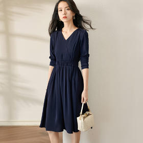 剩S/XL 芳外V领收腰裙2022新款秋季气质中长裙V领显瘦长袖连衣裙