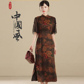 上海旗袍厂AYK-QF-210410香云纱牡丹改良旗袍早秋2021国风时尚修身长款拼接短袖旗袍连衣裙