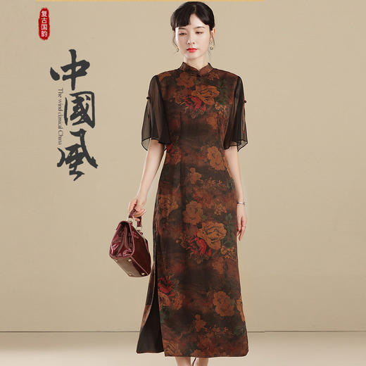 上海旗袍厂AYK-QF-210410香云纱牡丹改良旗袍早秋2021国风时尚修身长款拼接短袖旗袍连衣裙 商品图0