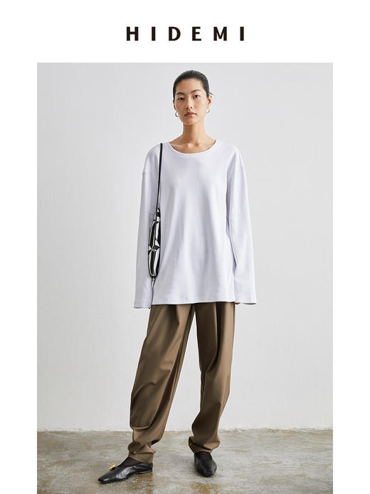 HIDEMI 简约腰带式高腰锥形长裤 黑色/卡其色 商品图6