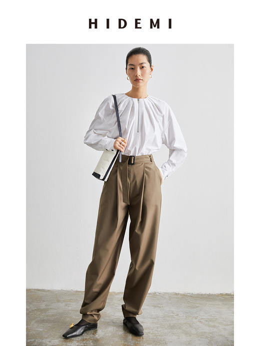 HIDEMI 简约腰带式高腰锥形长裤 黑色/卡其色 商品图5