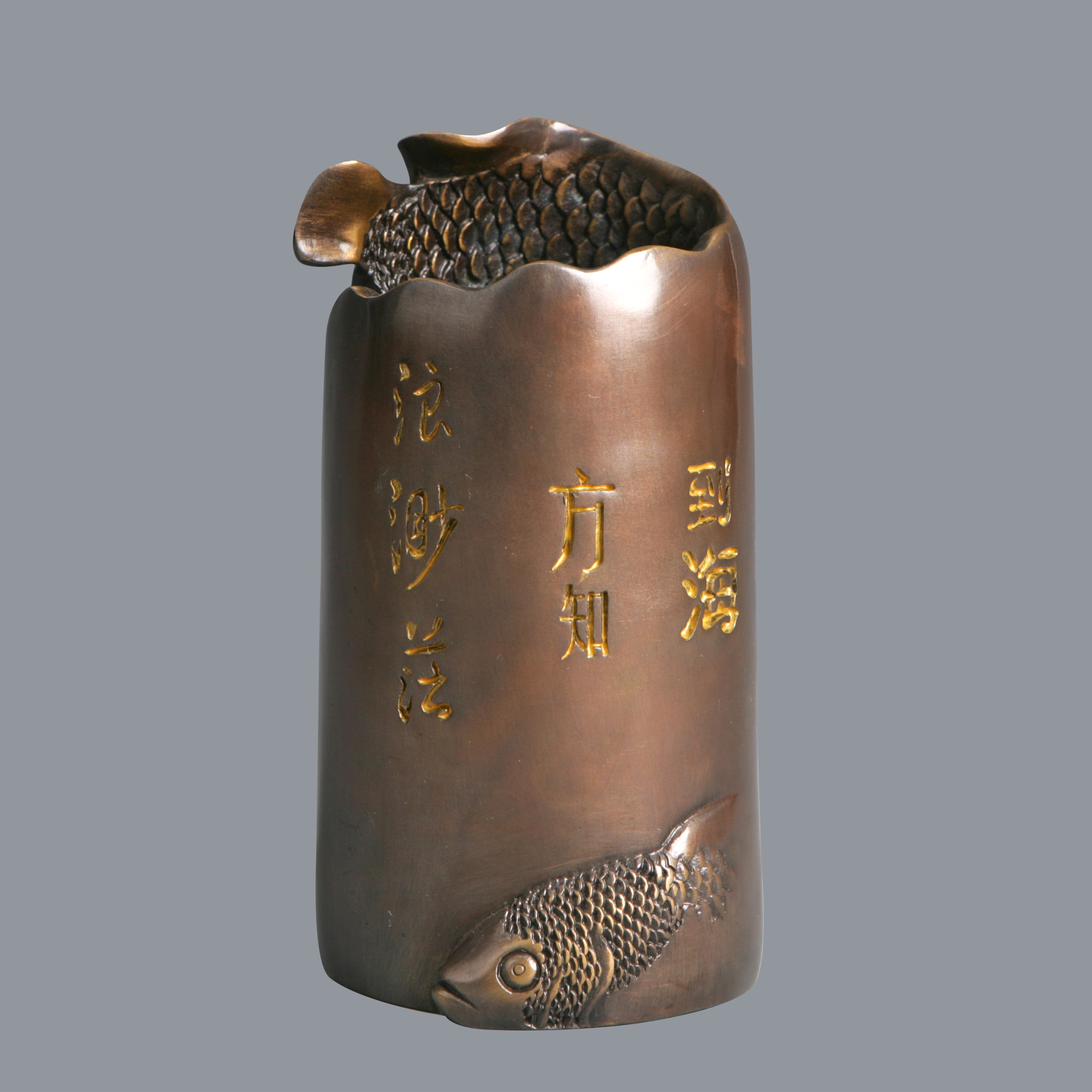 书画系列作品《双鱼笔筒》办公室文化陈列摆件