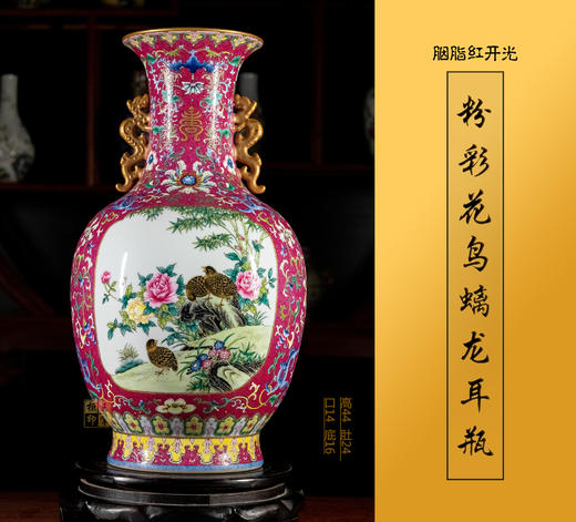 阳士琦:胭脂红开光粉彩花鸟螭龙耳瓶 商品图0